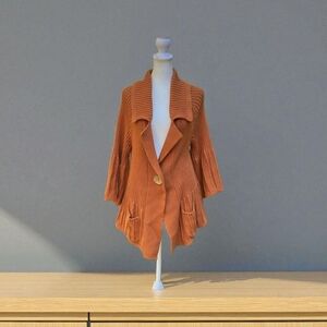 Tribal Cotton Knit Snap Front Bell Sleeve Cardigan in Terrecotta Size Medium